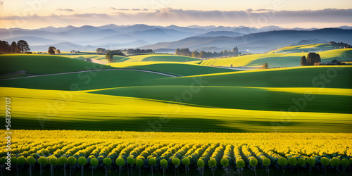  farm in farmland with a field of flowers and mountains in the background  with rolling hills and immaculate rows of crops.