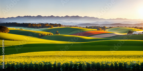 farm in farmland with a field of flowers and mountains in the background, with rolling hills and immaculate rows of crops