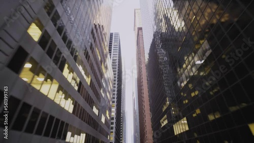 Fpv Drone Flies Over the Streets next to Modern Skyscrapers in the Center of a large Metropolis City. Digital Cinematic Metropolitan City