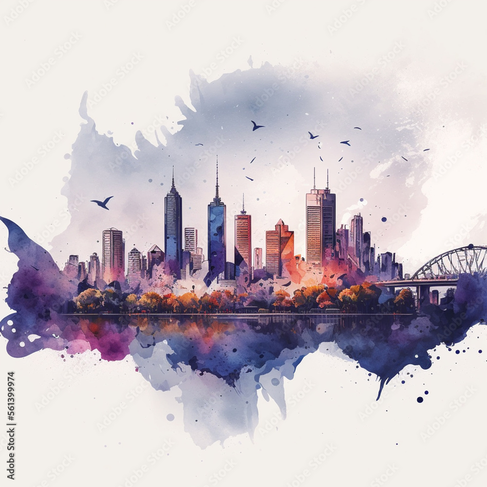 Fototapeta premium Watercolor Mosaic: A Watercolor Painting of the Melbourne Skyline - Generating AI