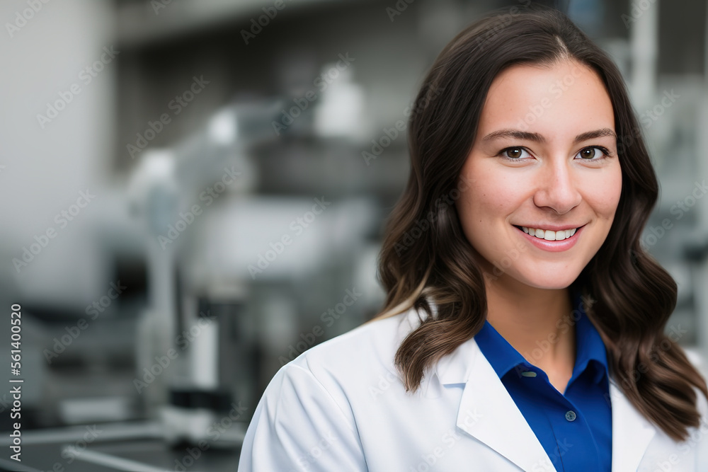Hispanic researcher in laboratory next to microscope Hispanic researcher in laboratory next to microscope