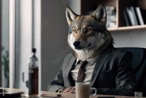 portrait of a wolf in a business suit at the office, generative ai