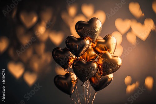 many golden heart-shaped balloons in front of shimmering background, generative ai
