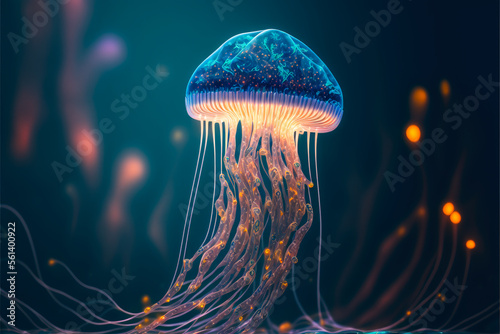 a vibrant bioluminescent jellyfish in dark blue water, generative ai