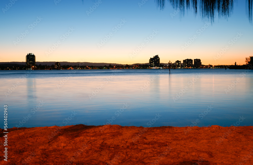 Twilight view across Nerang River to Southport from The Spit at Surfer's Paradise