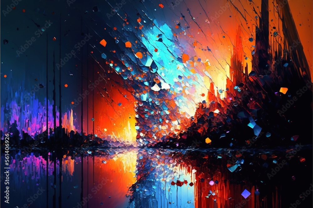 Naklejka premium Impressionistic blue red teal fire modern oil painting and sparkling wallpaper, color transitions, universe, volumetric lighting, sharp, hyperrealistic created with generative ai technology