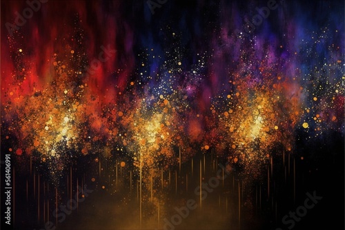 Impressionistic gold purple red modern oil painting and sparkling wallpaper, color transitions, universe, volumetric lighting, sharp, hyperrealistic created with generative ai technology