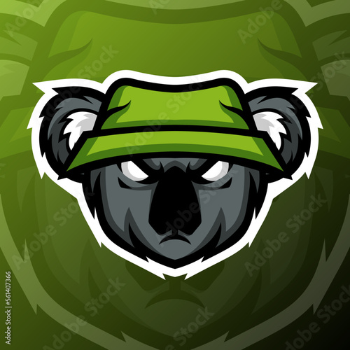 vector graphics illustration of a koala bucket hat in esport logo style. perfect for game team or product logo photo