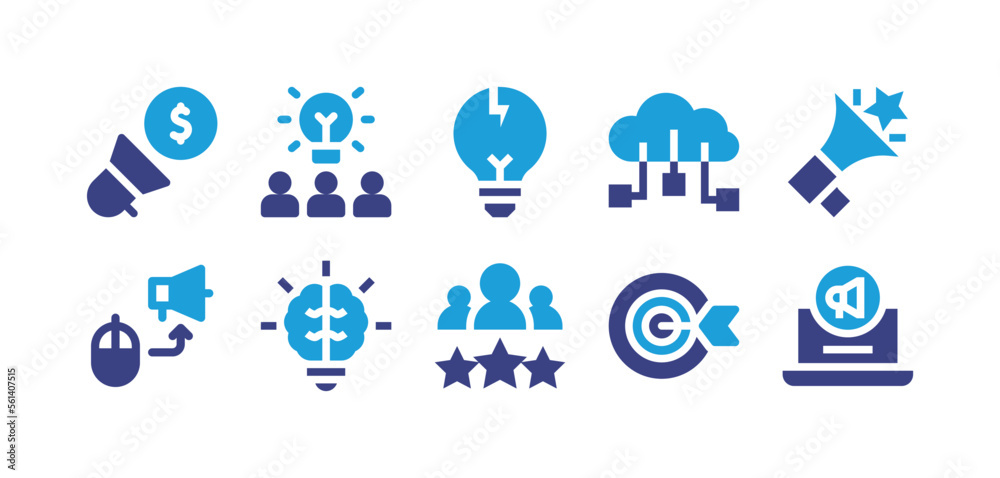 Marketing icon set. Duotone color. Vector illustration. Containing marketing, brainstorming, idea, cloud computing, megaphone, digital marketing, creativity, best employee, target.
