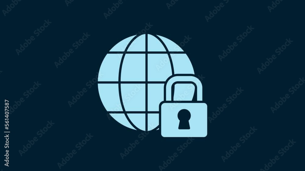 White Global lockdown - locked globe icon isolated on blue background. 4K Video motion graphic animation White Global lockdown - locked globe icon isolated on blue background. 4K Video motion graphic animation