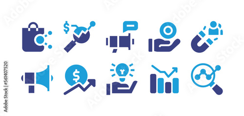 Marketing icon set. Duotone color. Vector illustration. Containing affiliate marketing, marketing, attract customers, propaganda, growth, idea, stock market, analytics.