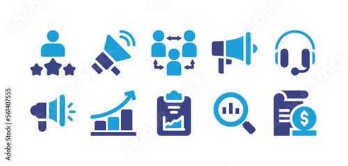 Marketing icon set. Duotone color. Vector illustration. Containing best employee, loud speaker, affiliate, megaphone, headphones, growth, report, statistics, cost.