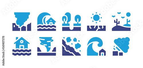 Natural disaster icon set. Duotone color. Vector illustration. Containing destruction, tsunami, sinking, drought, desert, home, tornado, landslide, deforestation.