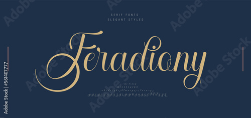 Wedding luxury alphabet letters font with tails. Typography italic elegant classic serif fonts and number decorative vintage retro for logo branding. vector illustration