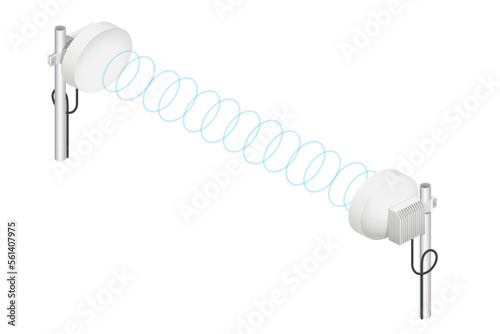 Wireless radio relay line isometric illustration on a white background