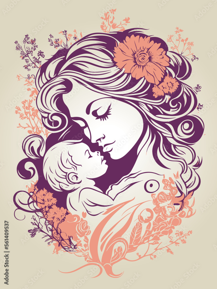 Mother and Baby with Flower Pattern in Vector, Mother's day