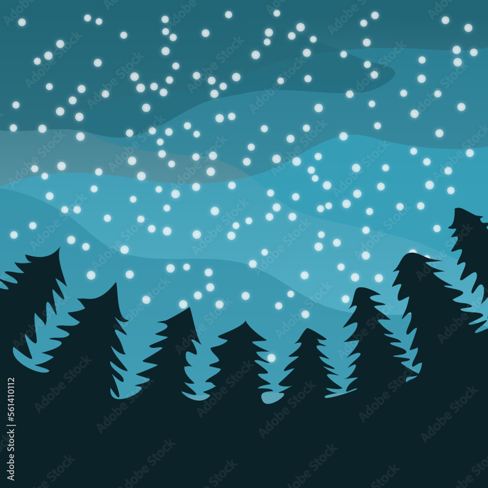 Obraz premium Night landscape with pine and stars in dark sky. Vector illustration.