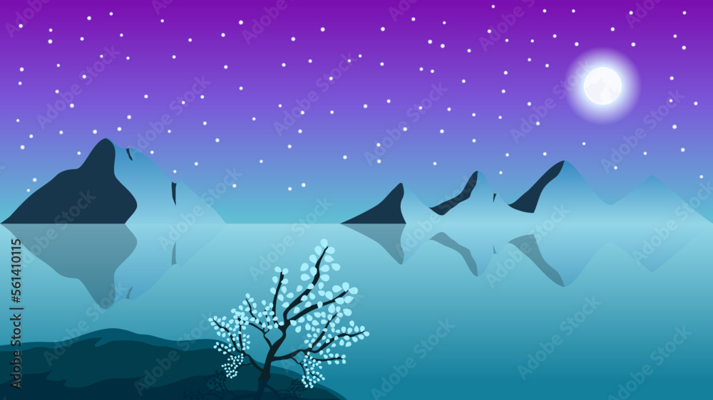 Obraz premium Night landscape with full moon, stars in dark sky and mountains. Quiet beautiful lake. Vector illustration.