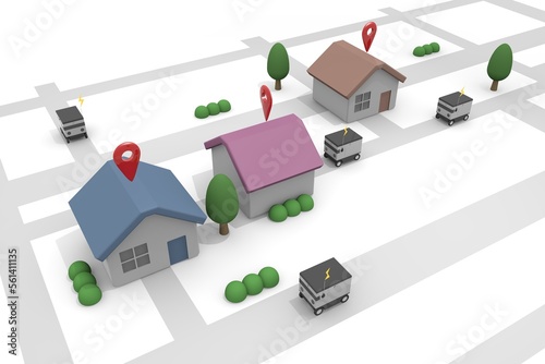 A robot running on a map. A delivery robot delivers. deliver the goods to the house. A robot that works automatically.