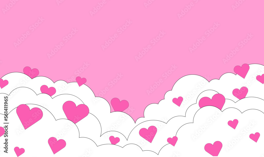 Happy Valentine's day blank background, beautiful 70s retro flat style hearts on pink background. Vector illustration. Place for text