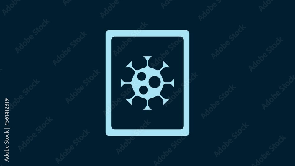 White Virus statistics on monitor icon isolated on blue background. Corona virus 2019-nCoV. Bacteria and germs, cell cancer, microbe, fungi. 4K Video motion graphic animation White Virus statistics on monitor icon isolated on blue background. Corona virus 2019-nCoV. Bacteria and germs, cell cancer, microbe, fungi. 4K Video motion graphic animation
