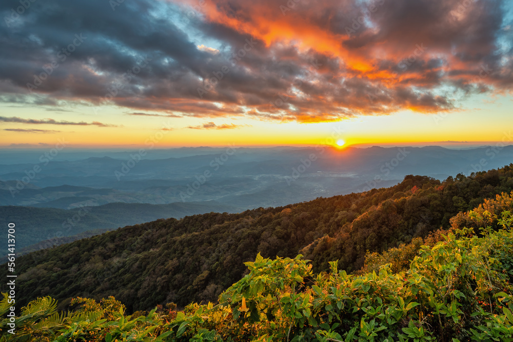 Tropical forest nature landscape sunset view with mountain range at Doi Inthanon, Chiang Mai Thailand