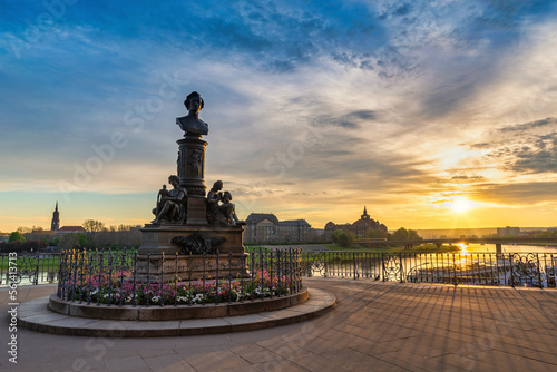 Dresden, Germany - May 12, 2017: sunrise city skyline at Elbe River and Ernst Rietschel sculptor