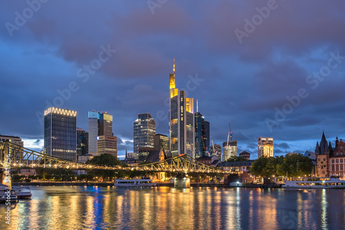 Frankfurt Germany, night city skyline at Main River and business skyscraper © Noppasinw