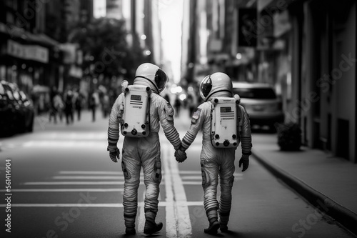 Rear view of two astronauts holding hands while walking in big city street (created with Generative AI)