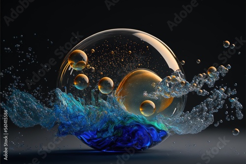 Glowing rainbow blue bubble reflecting the environment created with generative ai technology