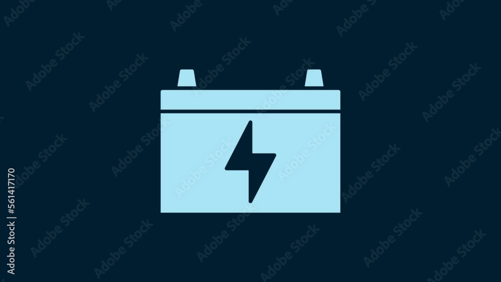 White Car battery icon isolated on blue background. Accumulator battery energy power and electricity accumulator battery. 4K Video motion graphic animation White Car battery icon isolated on blue background. Accumulator battery energy power and electricity accumulator battery. 4K Video motion graphic animation