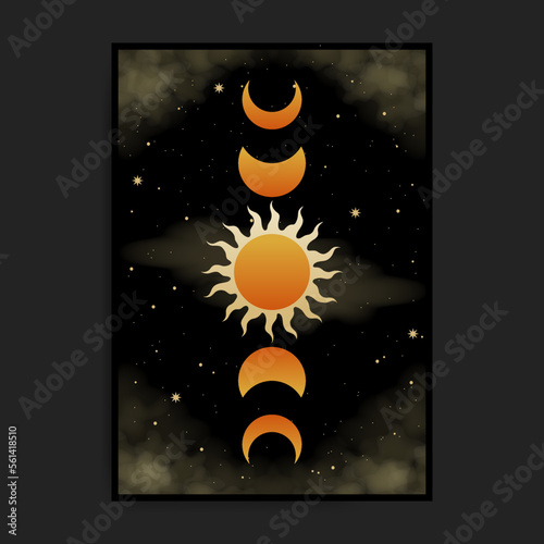 Panorama of the phases of the moon and sun in the sky