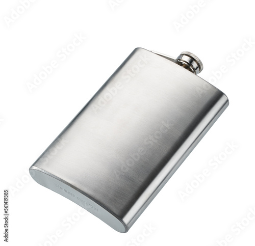 Stainless hip flask isolated on white background, top view. photo