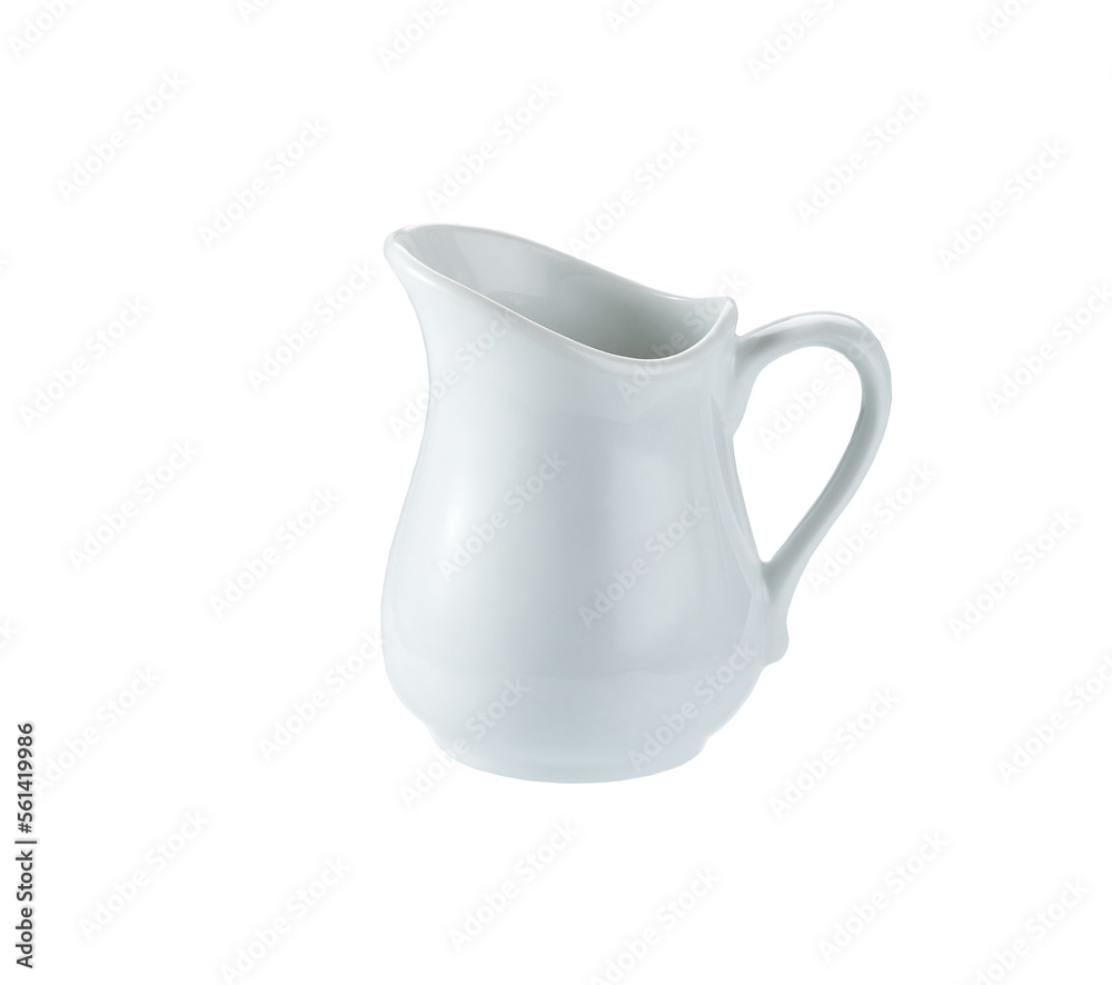 Ceramic milk jar isolated on white background. Porcelain creamer pitcher with milk on white. Ceramic milk jar isolated on white background. Porcelain creamer pitcher with milk on white.