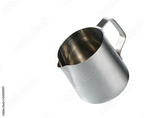 Empty pitcher isolated on white background with clipping path.Bartender equipment. Stainless steel milk pitcher jug for latte coffee