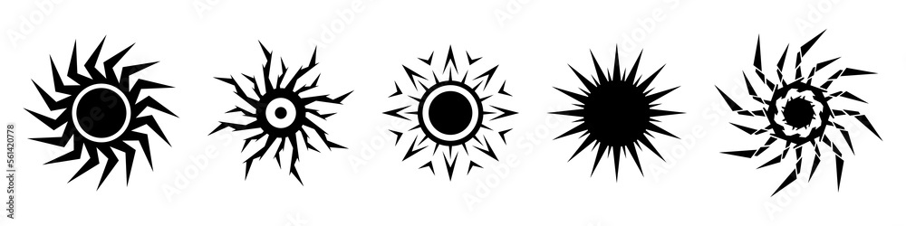 Abstract black sun or zigzag icon set. Sunshine, sunlight black symbol. Vector illustration isolated on white background.