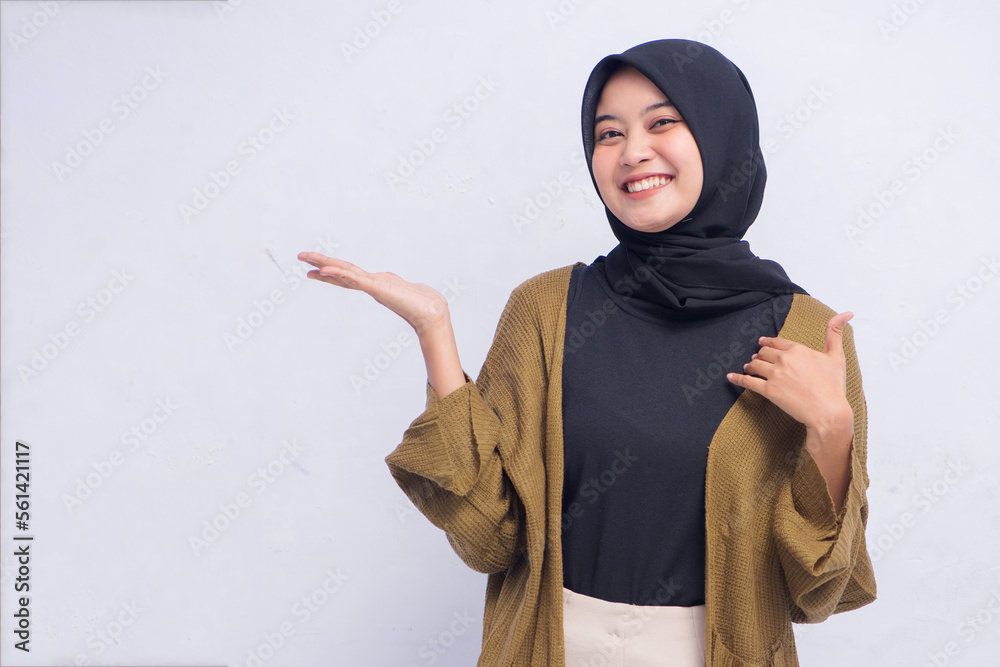 Happy Young Hijab Woman Showing Isolated Happy Young Hijab Woman Showing Isolated