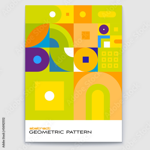 Minimalistic poster with geometric art. Bauhaus style patterns from basic forms and colours. Eco-friendly background. Vector cover template