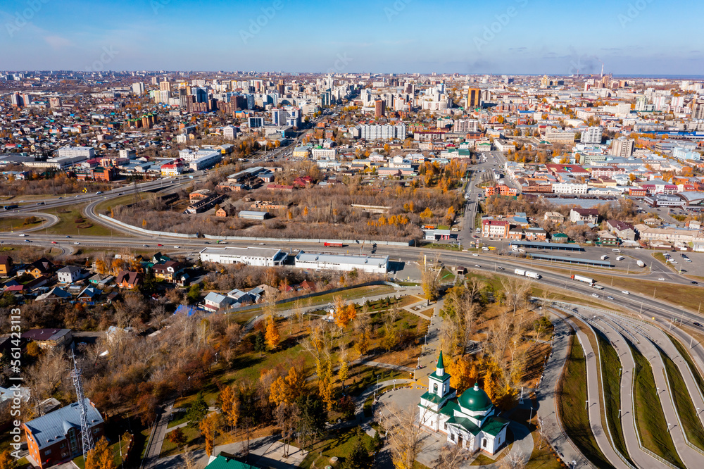 Upland Park and a new bridge at the entrance to the city of Barnaul. Photos of city of Barnaul from a height in the summer. Aerial photography, Russia, Altai Krai