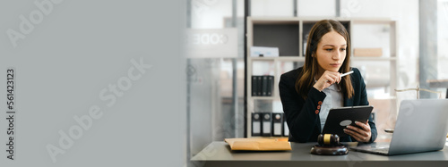 Obraz na płótnie Highly skilled female recruiter consulting online on laptop in office meeting white lawyer or financial advisor convene law in video conferencing and audio calls on social media applications