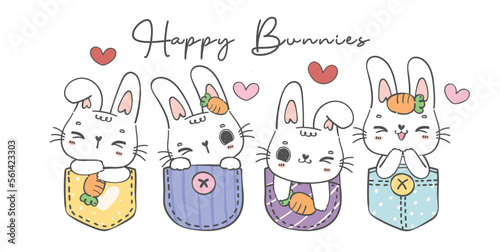 group of four cute baby white happy bunny rabbit animal in sweet t shirt pocket cartoon character doodle hand drawing vector