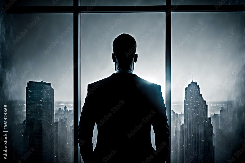 a person in a suit standing in front of a large window in an office building, with the city skyline visible in the background, symbolising the power and success of business leadership (AI Generated)