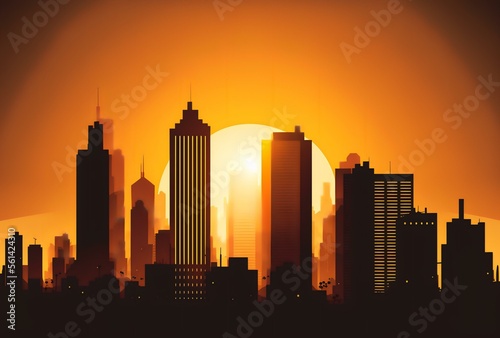skyline at sunset  with the sun casting a golden glow over the buildings  representing the idea of leadership guiding a company to new heights  AI Generated 
