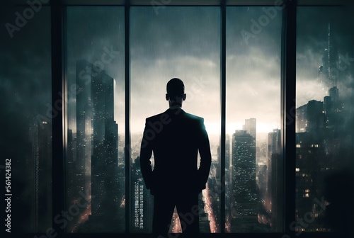 a person in a suit standing in front of a large window in an office building, with the city skyline visible in the background, symbolising the power and success of business leadership (AI Generated)