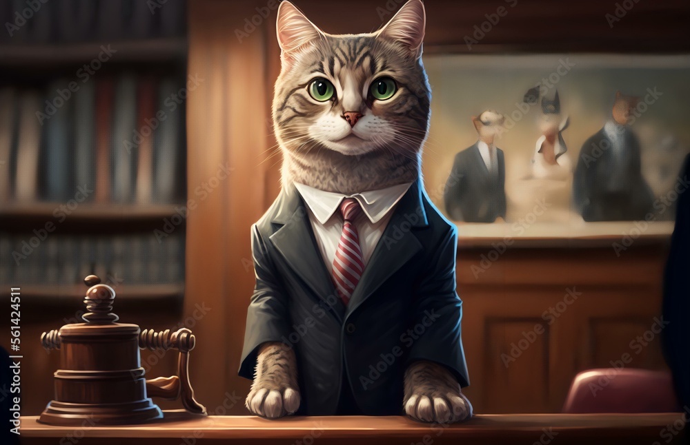 Cat In A Suit And Tie Standing In A Courtroom AI Generated Stock cat-in-a-suit-and-tie-standing-in-a-courtroom-ai-generated-stock