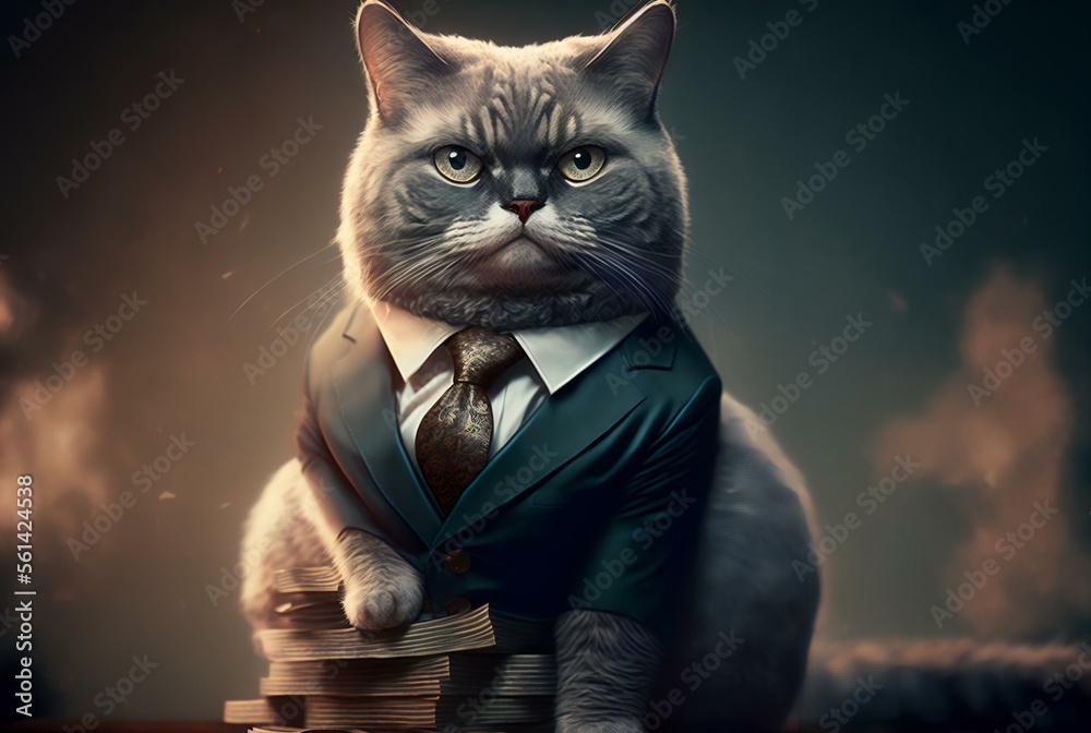 cat wearing a suit and tie, sitting on top of a stack of money with a ...