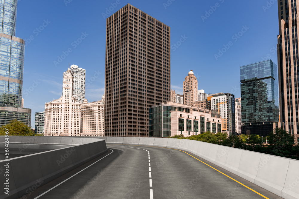 Empty urban asphalt road exterior with city buildings background. New modern highway concrete construction. Concept of way to success. Transportation logistic industry fast delivery. Chicago. USA. Empty urban asphalt road exterior with city buildings background. New modern highway concrete construction. Concept of way to success. Transportation logistic industry fast delivery. Chicago. USA.