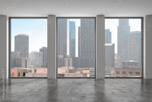 Downtown Los Angeles City Skyline Buildings from High Rise Window. Beautiful Expensive Real Estate overlooking. Epmty room Interior Skyscrapers View Cityscape. day time. California. 3d rendering.