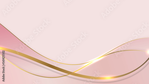 Abstract 3D luxury golden wave form ribbon lines elements with glowing light effect on pink background.