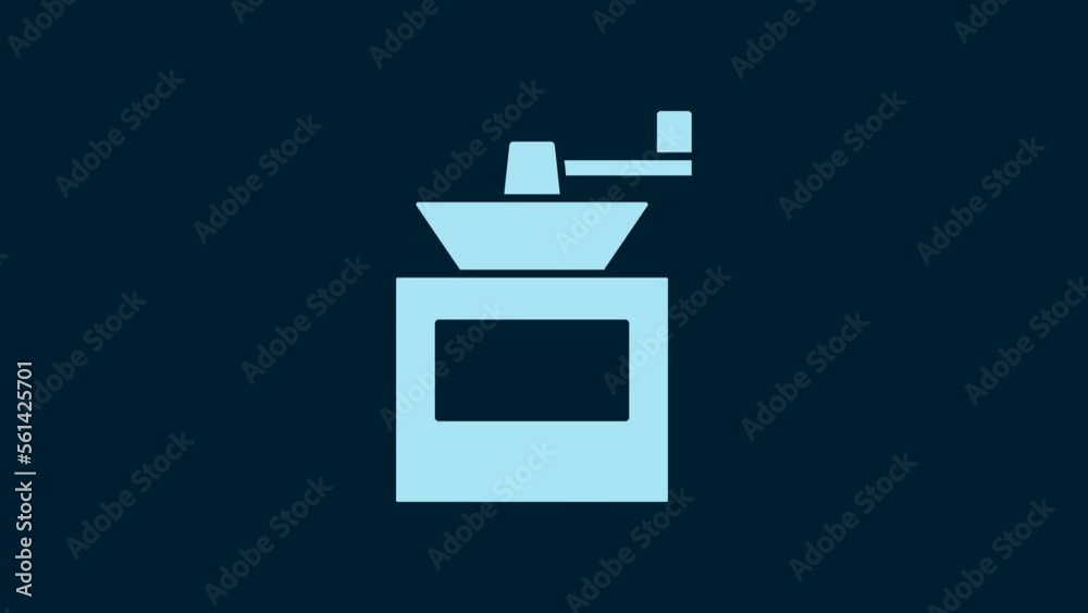 White Manual coffee grinder icon isolated on blue background. 4K Video motion graphic animation White Manual coffee grinder icon isolated on blue background. 4K Video motion graphic animation